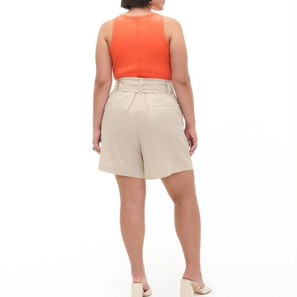 NWT Addition Elle Khaki Beige Bermudas Linen Blend Tailored Fit Belted Shorts - Picture 2 of 5